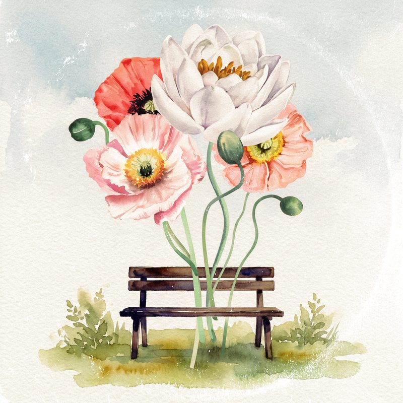 Hold On (EDM Version) cover — watercolor flowers over a park bench
