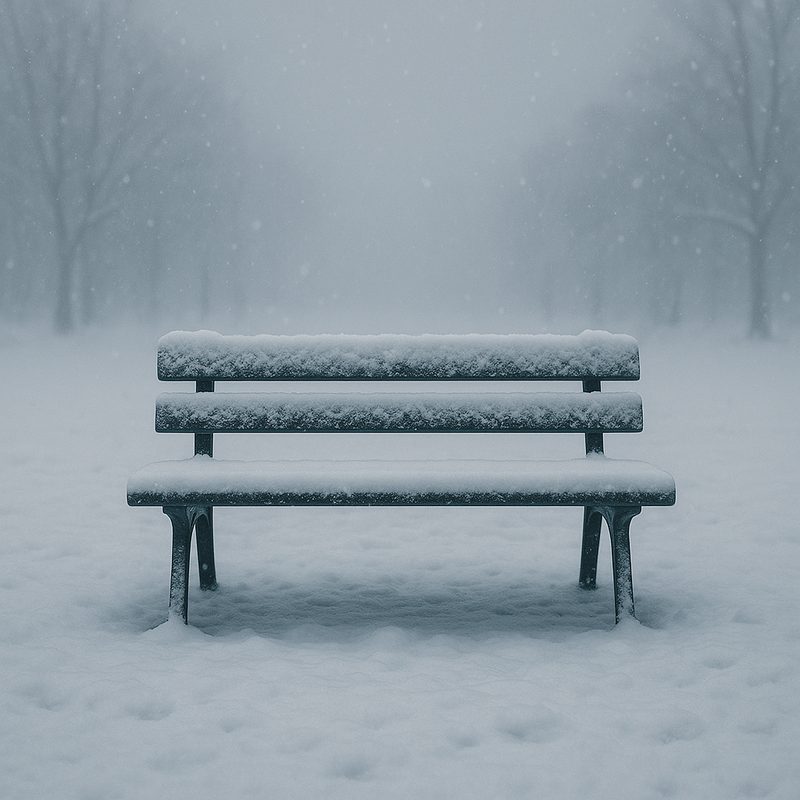 I Wonder cover — snow-covered bench