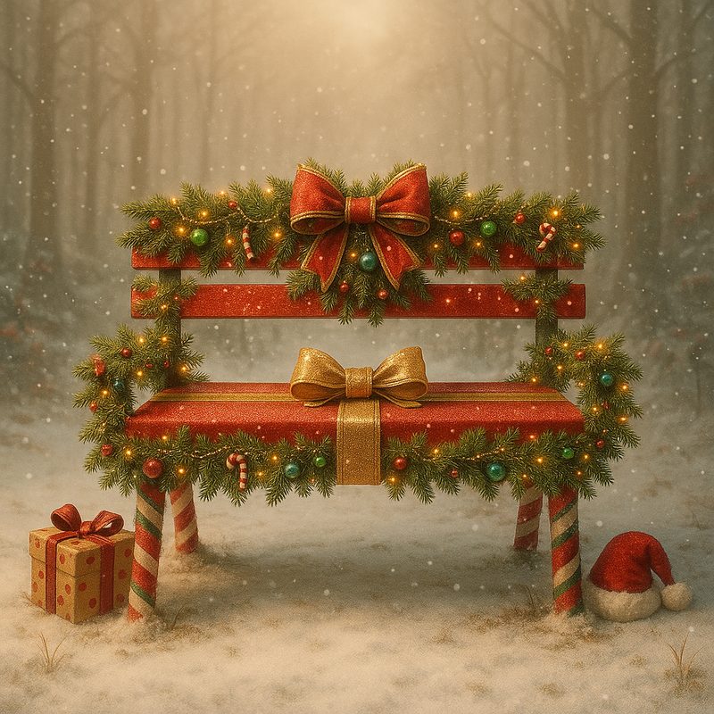 Last Christmas cover — decorated holiday bench