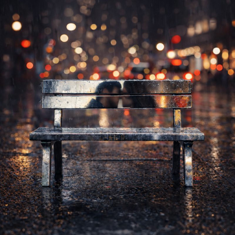 Sweater Weather cover — mirrored bench in city rain