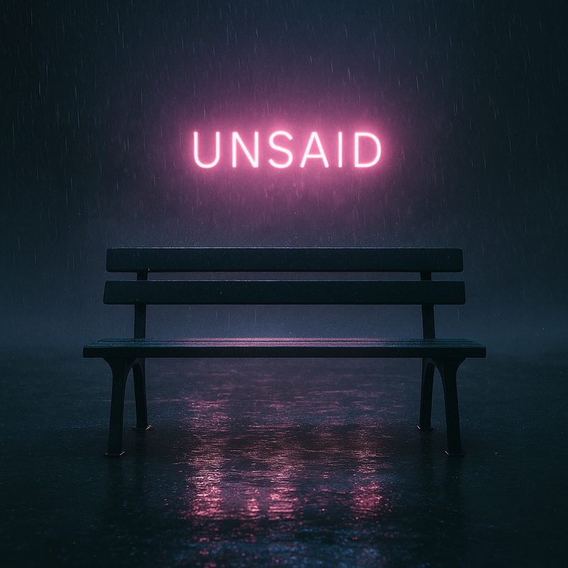 Unsaid cover — neon sign over a dark bench