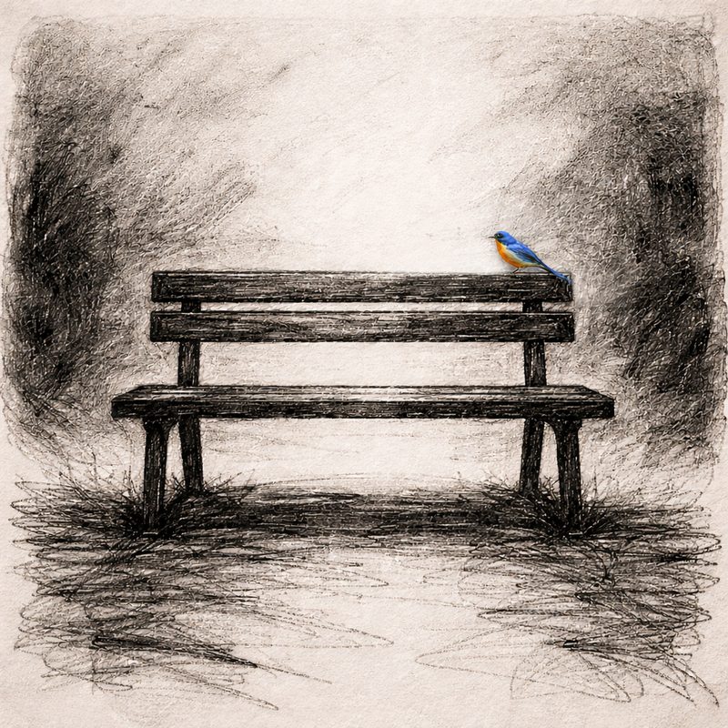 Would You cover — sketched bench with bluebird
